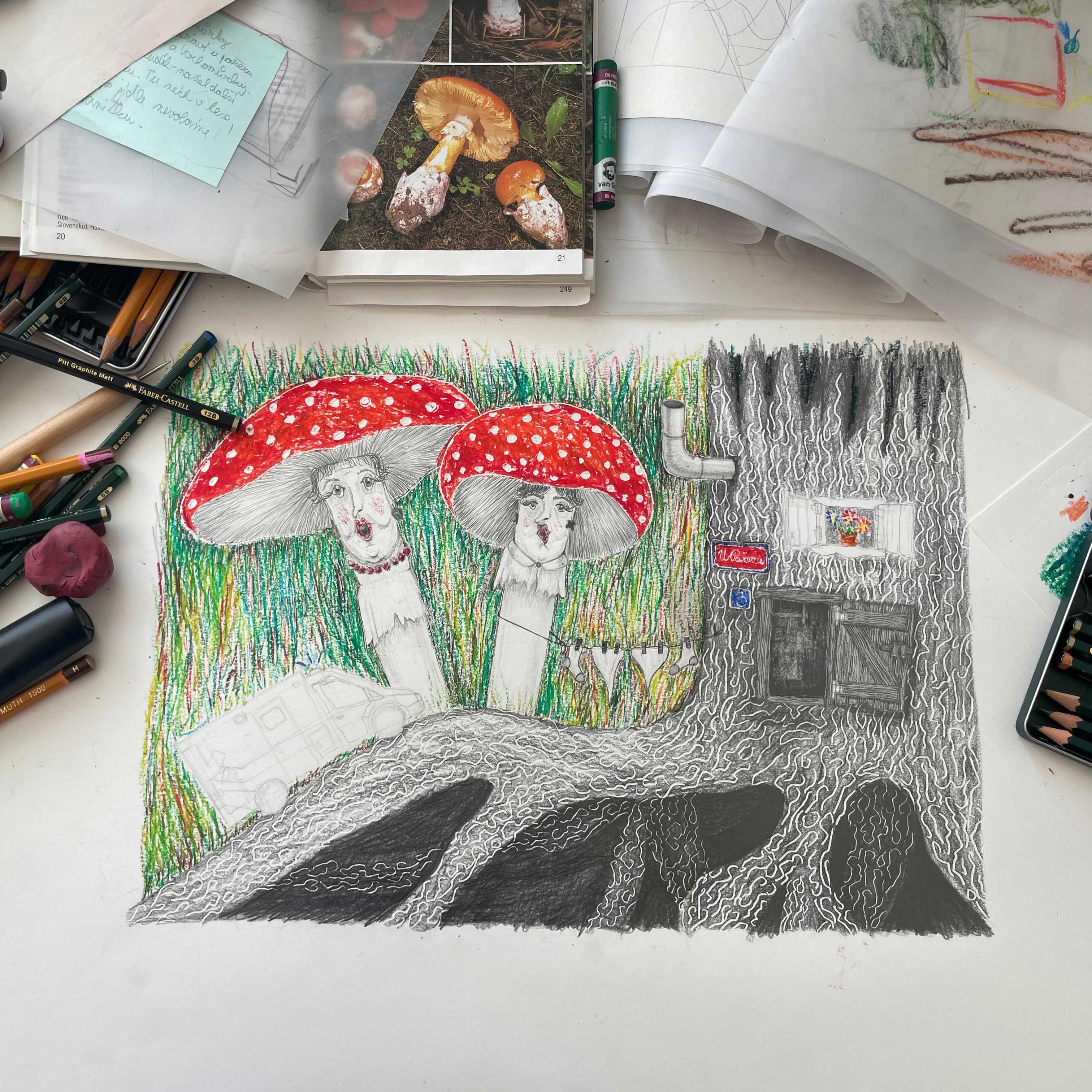 Muchomůrky – rozpracovaná ilustrace